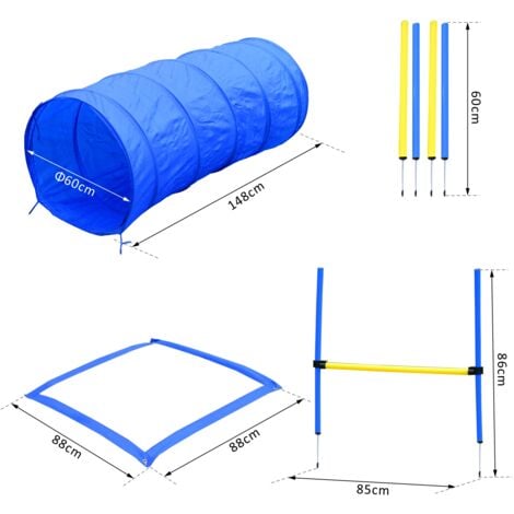 easycomfort set agility dog per addestramento cani con tunnel, slalom e ostacolo, sacca di trasporto, giallo e blu