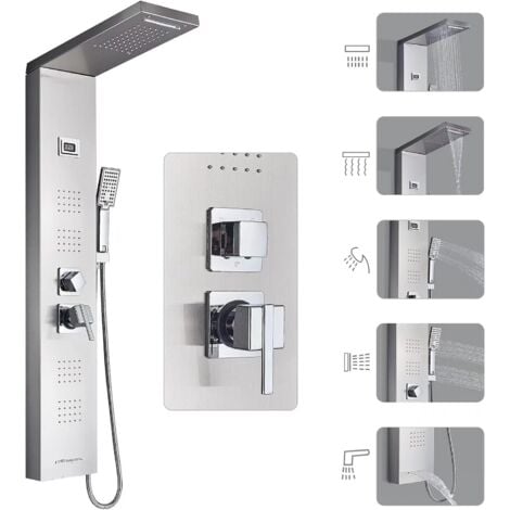 Colonna Doccia Idromassaggio in Acciaio Inox 5 Funzioni Pannello Doccia Set e di Temperatura (Display LCD) per Bagno,Soffione Fisso,Massaggi,Doccetta e Bocca Vasca
