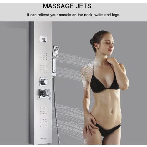 Colonna Doccia Idromassaggio in Acciaio Inox 5 Funzioni Pannello Doccia Set e di Temperatura (Display LCD) per Bagno,Soffione Fisso,Massaggi,Doccetta e Bocca Vasca