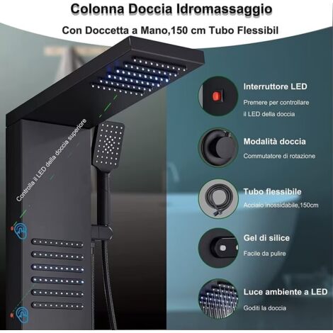 Colonna Doccia Idromassaggio Onyzpily LED Pannello Doccia Idromassaggio in 304 Acciaio Inox con Soffione Fisso,Massaggi,Doccetta e Bocca Vasca(Nera)