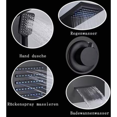 Colonna Doccia Idromassaggio Onyzpily LED Pannello Doccia Idromassaggio in 304 Acciaio Inox con Soffione Fisso,Massaggi,Doccetta e Bocca Vasca(Nera)