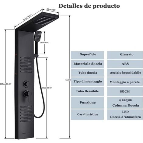 Colonna Doccia Idromassaggio Onyzpily LED Pannello Doccia Idromassaggio in 304 Acciaio Inox con Soffione Fisso,Massaggi,Doccetta e Bocca Vasca(Nera)