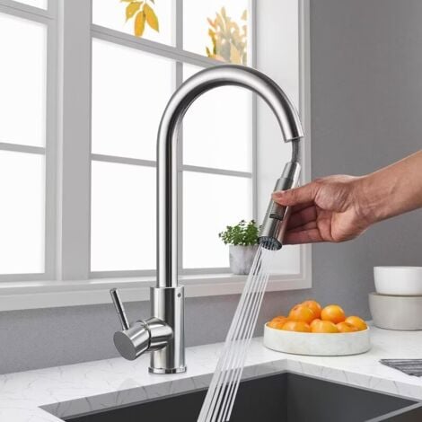 Rubinetto Cucina con Doccetta Estraibile, Miscelatore Monocomando di Cucina Girevole a 360° In Acciaio Inox, Rubinetto per Cucina Alta Pressione, Miscelatore Cucina a 3 Modalità(Nichel spazzolato)