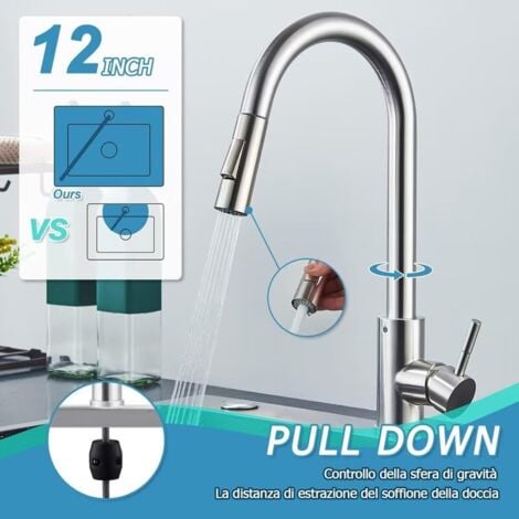 Rubinetto Cucina con Doccetta Estraibile, Miscelatore Monocomando di Cucina Girevole a 360° In Acciaio Inox, Rubinetto per Cucina Alta Pressione, Miscelatore Cucina a 3 Modalità(Nichel spazzolato)