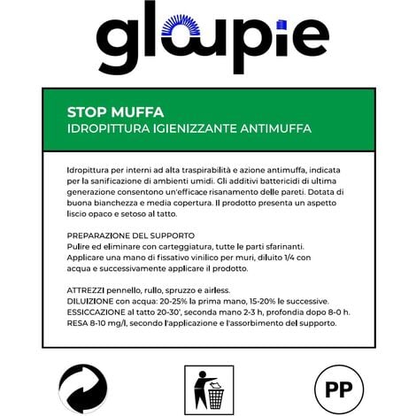 GLOUPIE STOP MUFFA Pittura All'Acqua Antimuffa Traspirante Per Pareti Per Tutti Gli Ambienti Interni 5 Lt Bianco Made in Italy