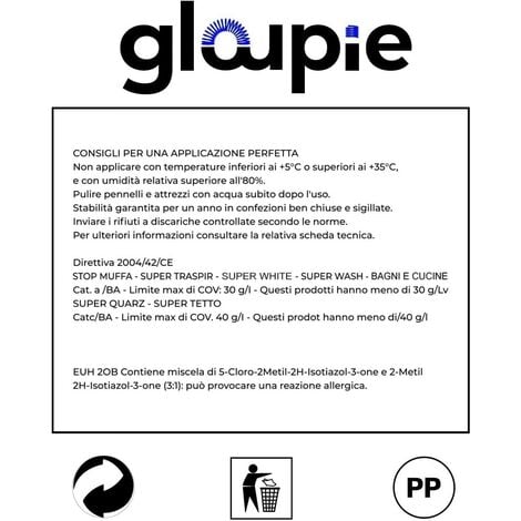 GLOUPIE STOP MUFFA Pittura All'Acqua Antimuffa Traspirante Per Pareti Per Tutti Gli Ambienti Interni 5 Lt Bianco Made in Italy