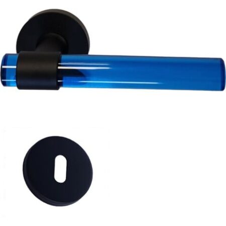 Maniglie per porte in cristallo di plexiglass blu “JOY” con gambe in acciaio inox nero.  +1 Coppia di rose con foro per la chiave