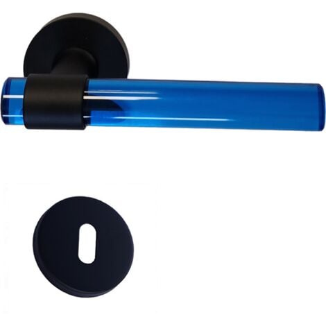 Maniglie per porte in cristallo di plexiglass blu “JOY” con gambe in acciaio inox nero.  +1 Coppia di rose con foro per la chiave