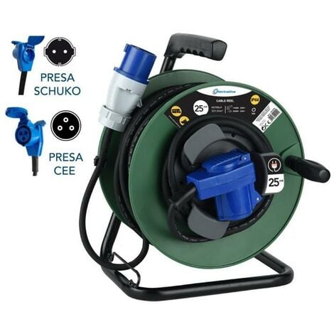 Electraline 49209 prolunga in gomma con avvolgicavo 25 mt per camper, campeggio, caravan, spina CEE 3 poli e 2 prese (industriale+Schuko) - IP44, Verde/Nero