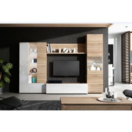 Parete attrezzata porta Tv 260 cm bianco lucido e rovere chiaro - Ostenda
