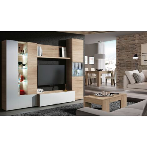 Parete attrezzata porta Tv 260 cm bianco lucido e rovere chiaro - Ostenda