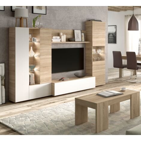 Parete attrezzata porta Tv 260 cm bianco lucido e rovere chiaro - Ostenda