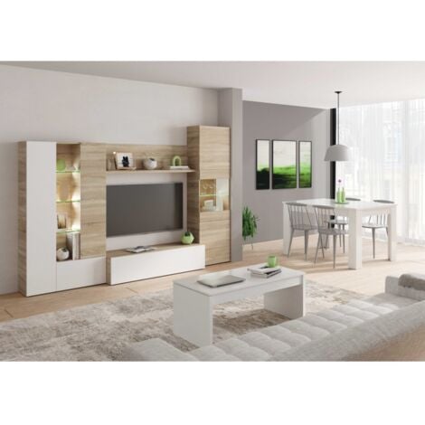 Parete attrezzata porta Tv 260 cm bianco lucido e rovere chiaro - Ostenda