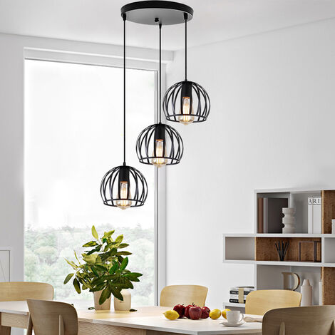 Lampada a Sospensione Vintage Industriale Stile Illuminazione da Soffitto con con Ø19cm Gabbia Rotonda in Metallo per Soggiorno Cucina Camera da Letto Nero - 3 Luci con Portalampada Tondo