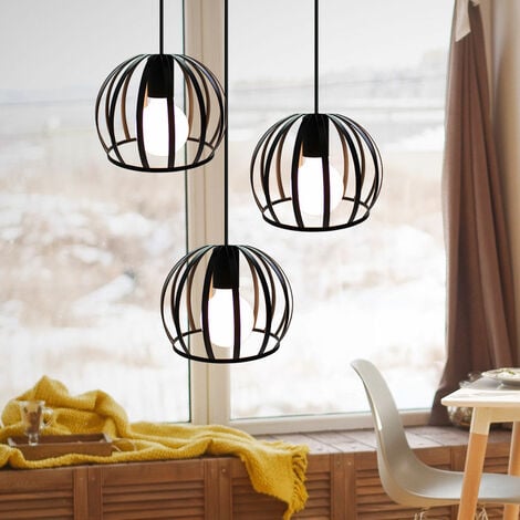 Lampada a Sospensione Vintage Industriale Stile Illuminazione da Soffitto con con Ø19cm Gabbia Rotonda in Metallo per Soggiorno Cucina Camera da Letto Nero - 3 Luci con Portalampada Tondo