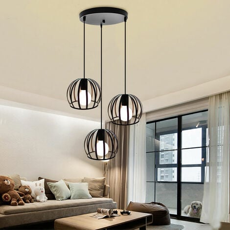 Lampada a Sospensione Vintage Industriale Stile Illuminazione da Soffitto con con Ø19cm Gabbia Rotonda in Metallo per Soggiorno Cucina Camera da Letto Nero - 3 Luci con Portalampada Tondo