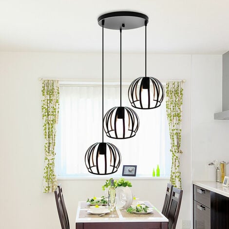 Lampada a Sospensione Vintage Industriale Stile Illuminazione da Soffitto con con Ø19cm Gabbia Rotonda in Metallo per Soggiorno Cucina Camera da Letto Nero - 3 Luci con Portalampada Tondo