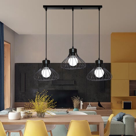 Lampada a Sospensione, 3 Fili Lampada da Soffitto con Ø23cm Gabbia, Industriale Stile Illuminazione in Metallo con E27 Attacco (Nero)