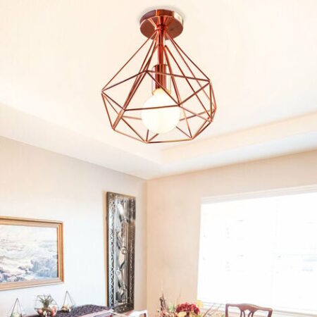 Plafoniera, Lampada da Soffitto in Industriale Stile, Illuminazione Ø25cm con Gabbia a Form di Diamantata per Soggiorno Camera da Letto Oro Rosa 1PCS