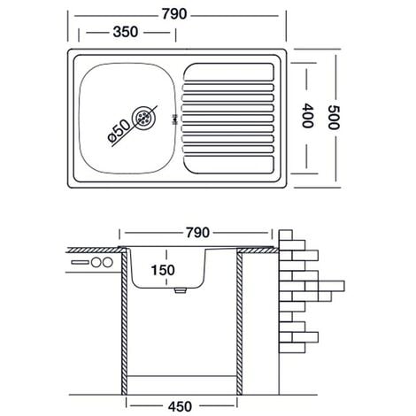 Lavello cucina vasca acciaio inox da incasso gocciolatoio dx 50x79 cm