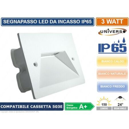 PUNTO LUCE SEGNAPASSO LED RETTANGOLARE COLORE BIANCO MONTAGGIO A INCASSO 503E 3W 24° DA ESTERNO IP65 - Colore Luce: Bianco Caldo