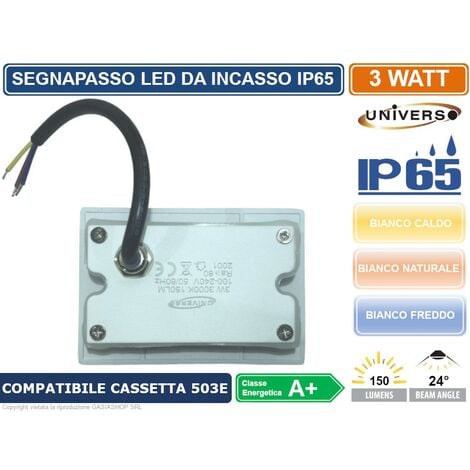 PUNTO LUCE SEGNAPASSO LED RETTANGOLARE COLORE BIANCO MONTAGGIO A INCASSO 503E 3W 24° DA ESTERNO IP65 - Colore Luce: Bianco Caldo