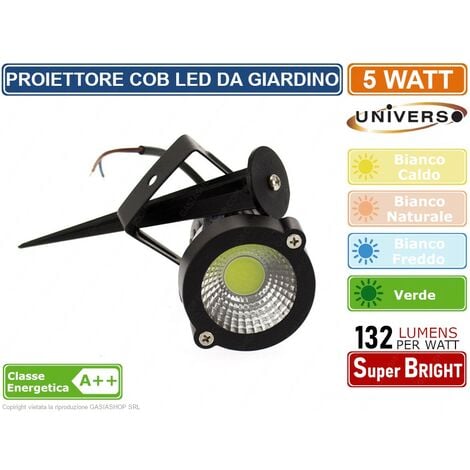 FARO PROIETTORE COB LED ORIENTABILE  DA GIARDINO CON PICCHETTO 5W IP65 LUCE BIANCO CALDO - FREDDO - NATURALE - VERDE - Colore Luce: Bianco Naturale