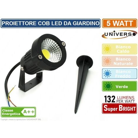 FARO PROIETTORE COB LED ORIENTABILE  DA GIARDINO CON PICCHETTO 5W IP65 LUCE BIANCO CALDO - FREDDO - NATURALE - VERDE - Colore Luce: Bianco Naturale
