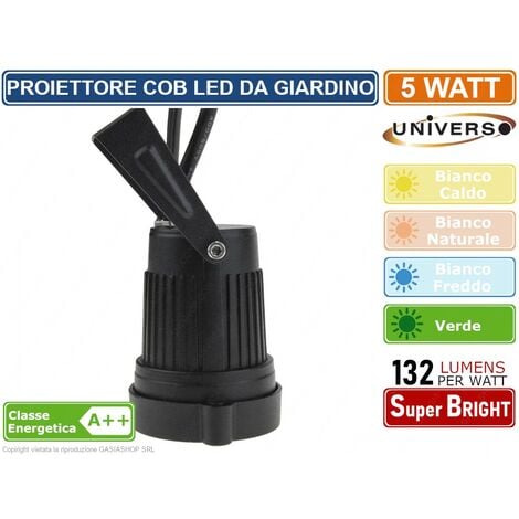 FARO PROIETTORE COB LED ORIENTABILE  DA GIARDINO CON PICCHETTO 5W IP65 LUCE BIANCO CALDO - FREDDO - NATURALE - VERDE - Colore Luce: Bianco Naturale