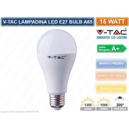V-TAC VT-2015 LAMPADINA LED E27 15W BULB A65 - SKU 4453 / 4454 / 4455 - Colore Luce: Bianco Naturale