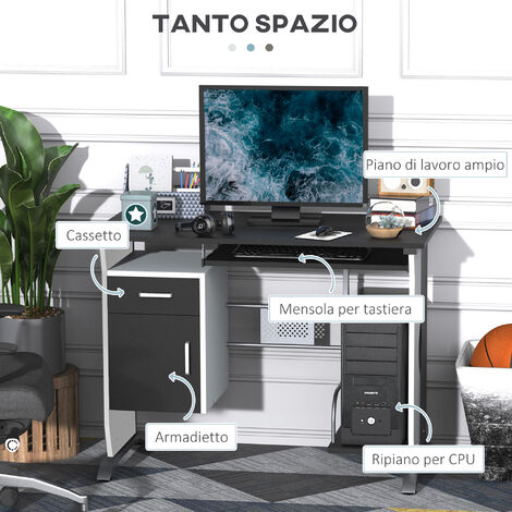 Vinsetto Scrivania Moderna in MDF e Metallo Bianca e Nera con Spazio Tastiera