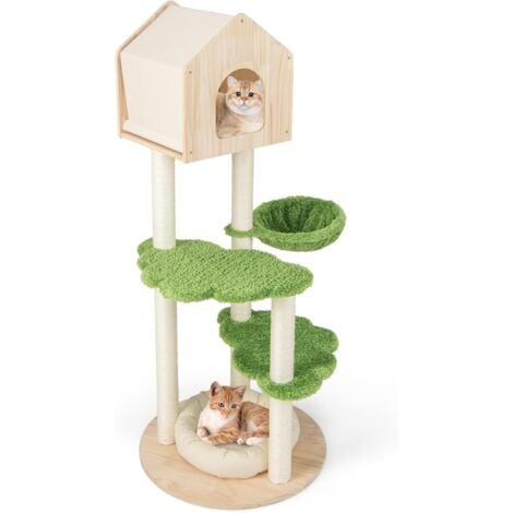 COSTWAY Albero Tiragraffi per Gatti 139 cm, Torre Multi-livello in Legno con Tiragraffi in Sisal, Piattaforme di Salto, Trespolo e Amaca, Centro di Attività per Gatti, Verde