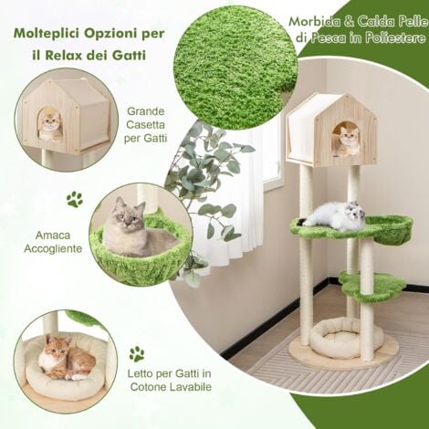 COSTWAY Albero Tiragraffi per Gatti 139 cm, Torre Multi-livello in Legno con Tiragraffi in Sisal, Piattaforme di Salto, Trespolo e Amaca, Centro di Attività per Gatti, Verde