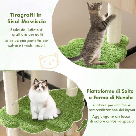 COSTWAY Albero Tiragraffi per Gatti 139 cm, Torre Multi-livello in Legno con Tiragraffi in Sisal, Piattaforme di Salto, Trespolo e Amaca, Centro di Attività per Gatti, Verde
