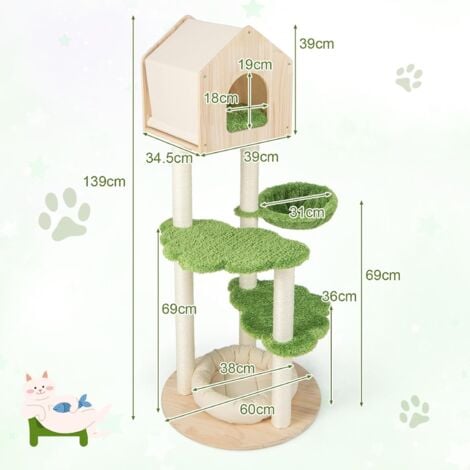 COSTWAY Albero Tiragraffi per Gatti 139 cm, Torre Multi-livello in Legno con Tiragraffi in Sisal, Piattaforme di Salto, Trespolo e Amaca, Centro di Attività per Gatti, Verde