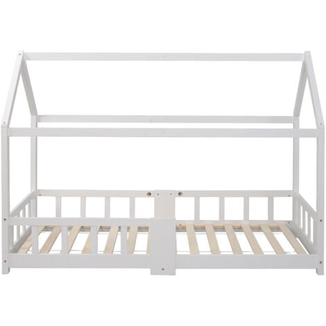 Letto per bambini, letto a casa, 90 x 200 cm, letto in legno per la cameretta dei bambini, con tavola, reti a doghe, protezione anticaduta, in legno di pino, bianco-B OKWISH
