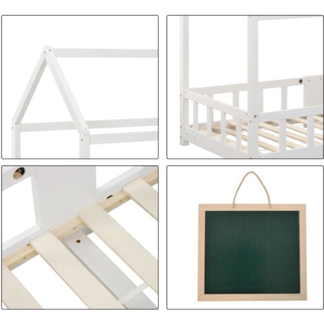 Letto per bambini, letto a casa, 90 x 200 cm, letto in legno per la cameretta dei bambini, con tavola, reti a doghe, protezione anticaduta, in legno di pino, bianco-B OKWISH
