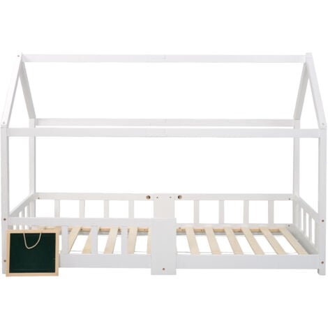 Letto per bambini, letto a casa, 90 x 200 cm, letto in legno per la cameretta dei bambini, con tavola, reti a doghe, protezione anticaduta, in legno di pino, bianco-B OKWISH