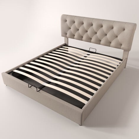 Letto imbottito idraulico 140x200 cm, letto matrimoniale con testiera regolabile, letto con rete a doghe in metallo, giroletto moderno con vano contenitore, naturale, senza materasso OKWISH