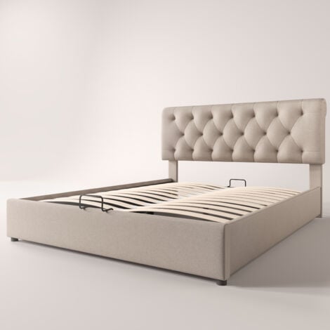 Letto imbottito idraulico 140x200 cm, letto matrimoniale con testiera regolabile, letto con rete a doghe in metallo, giroletto moderno con vano contenitore, naturale, senza materasso OKWISH
