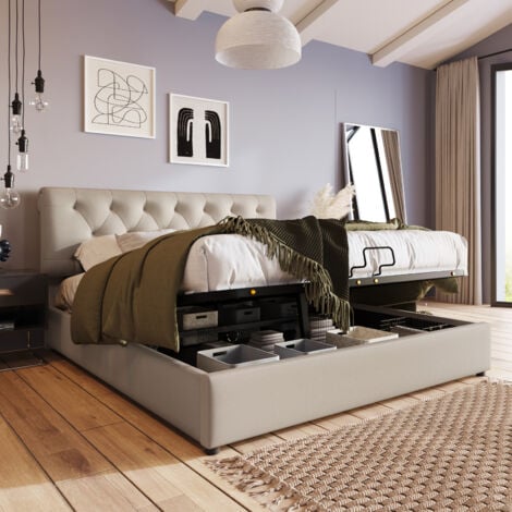 Letto imbottito idraulico 140x200 cm, letto matrimoniale con testiera regolabile, letto con rete a doghe in metallo, giroletto moderno con vano contenitore, naturale, senza materasso OKWISH