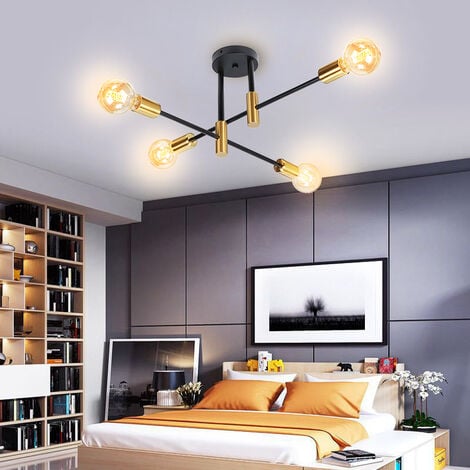 Plafoniera Industriale Moderna a 4 Luci Illuminazione in Metallo per Interni E27 Lampada da Soffitto Lampadario per Soggiorno Cucina Camera da Letto Corridoio Nero e Rame