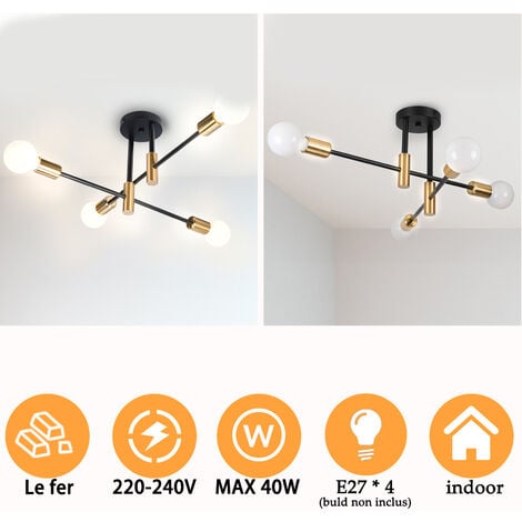 Plafoniera Industriale Moderna a 4 Luci Illuminazione in Metallo per Interni E27 Lampada da Soffitto Lampadario per Soggiorno Cucina Camera da Letto Corridoio Nero e Rame