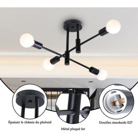 Plafoniera in Metallo E27 Lampada da Soffitto Industriale 4 Prese Edison Lampadario a Sospensione Moderna Illuminazione Interna per Soggiorno Camera da Letto Cafe Nero