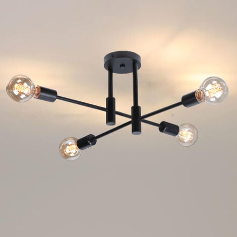 Plafoniera in Metallo E27 Lampada da Soffitto Industriale 4 Prese Edison Lampadario a Sospensione Moderna Illuminazione Interna per Soggiorno Camera da Letto Cafe Nero