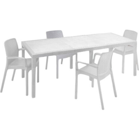 Dmora - Set salotto da esterno Arret, Ripiano allungabile da esterno con 4 sedie, Tavolo e sedute da giardino effetto rattan, 100% Made in Italy, Bianco