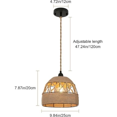 GOECO Lampadario Sospensione Corda di Canapa, Lampadario Vintage Industriale, Illuminazione a Soffitto in Metallo, Lampada da Soffitto Retrò per Salotto Cucina Camera Café-bar (25CM) E27