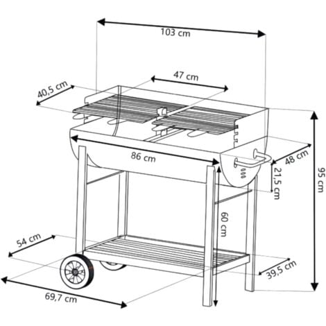 Barbecue a Carbonella BBQ a Carbone da Giardino in Acciaio Doppia Griglia con Ruote e Ripiano Inferiore - cm 100x47x94 Nero