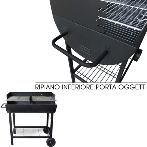 Barbecue a Carbonella BBQ a Carbone da Giardino in Acciaio Doppia Griglia con Ruote e Ripiano Inferiore - cm 100x47x94 Nero