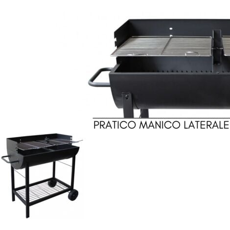 Barbecue a Carbonella BBQ a Carbone da Giardino in Acciaio Doppia Griglia con Ruote e Ripiano Inferiore - cm 100x47x94 Nero